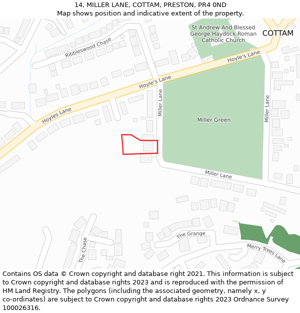 14, MILLER LANE, COTTAM, PRESTON, PR4 0ND: Location map and indicative extent of plot