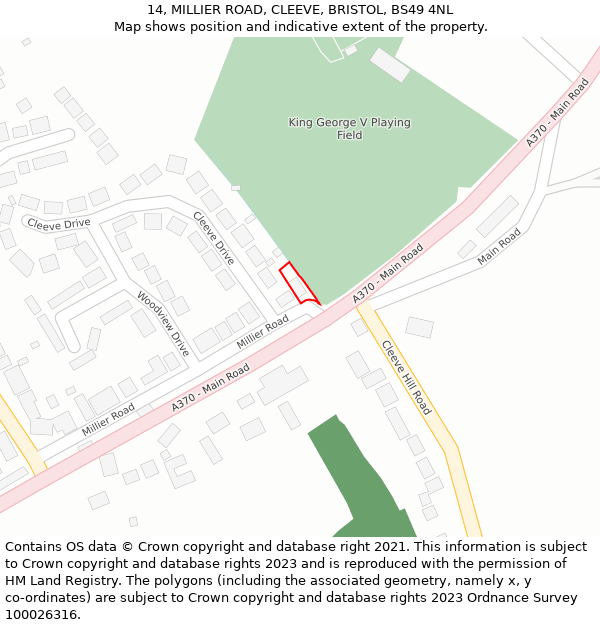 14, MILLIER ROAD, CLEEVE, BRISTOL, BS49 4NL: Location map and indicative extent of plot