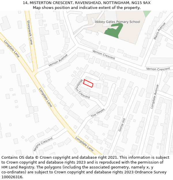 14, MISTERTON CRESCENT, RAVENSHEAD, NOTTINGHAM, NG15 9AX: Location map and indicative extent of plot