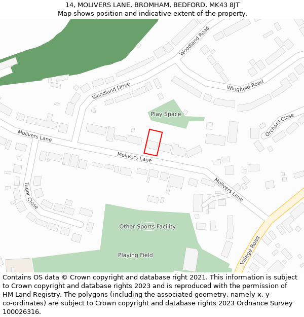 14, MOLIVERS LANE, BROMHAM, BEDFORD, MK43 8JT: Location map and indicative extent of plot