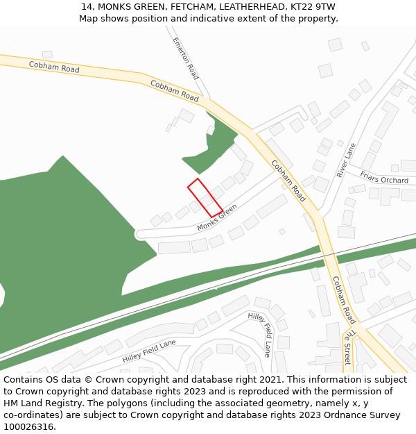 14, MONKS GREEN, FETCHAM, LEATHERHEAD, KT22 9TW: Location map and indicative extent of plot