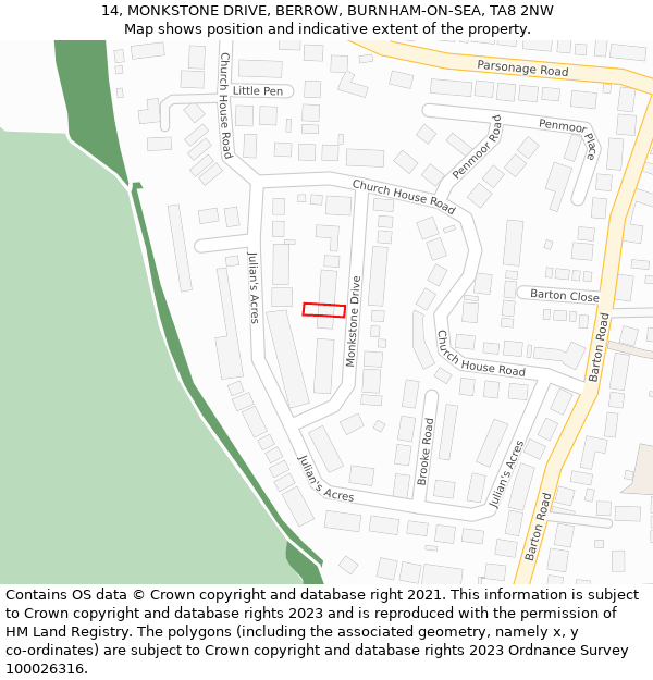 14, MONKSTONE DRIVE, BERROW, BURNHAM-ON-SEA, TA8 2NW: Location map and indicative extent of plot