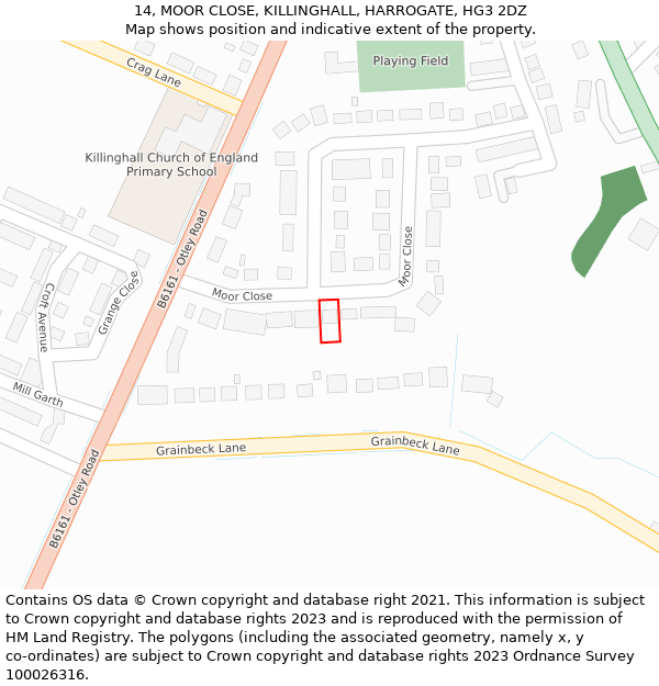 14, MOOR CLOSE, KILLINGHALL, HARROGATE, HG3 2DZ: Location map and indicative extent of plot