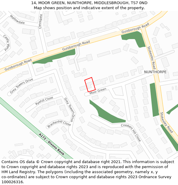 14, MOOR GREEN, NUNTHORPE, MIDDLESBROUGH, TS7 0ND: Location map and indicative extent of plot