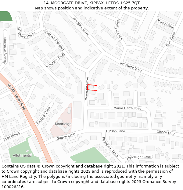 14, MOORGATE DRIVE, KIPPAX, LEEDS, LS25 7QT: Location map and indicative extent of plot