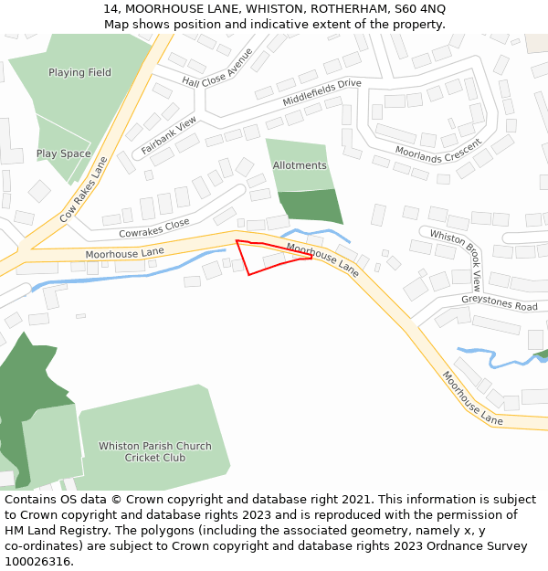 14, MOORHOUSE LANE, WHISTON, ROTHERHAM, S60 4NQ: Location map and indicative extent of plot