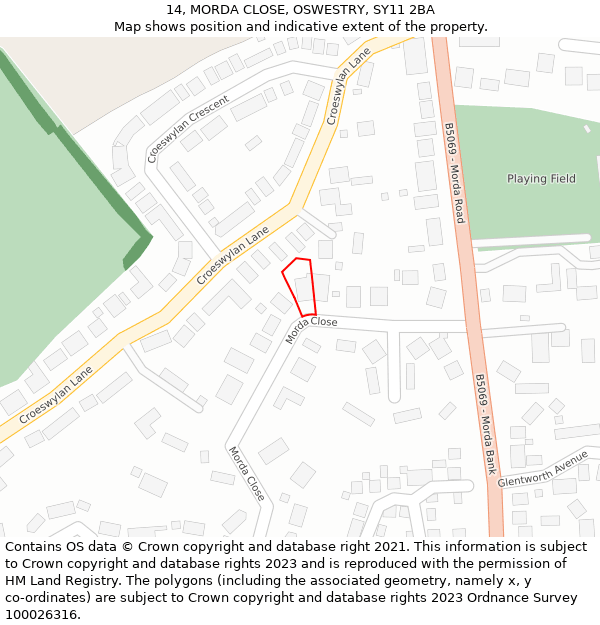 14, MORDA CLOSE, OSWESTRY, SY11 2BA: Location map and indicative extent of plot