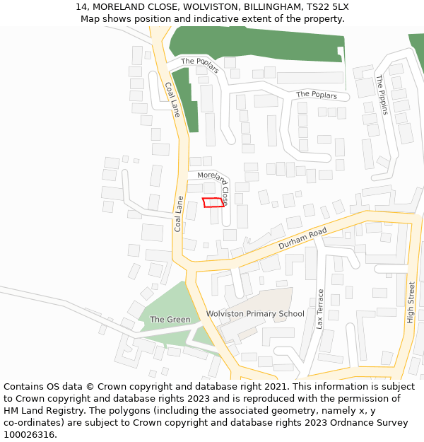 14, MORELAND CLOSE, WOLVISTON, BILLINGHAM, TS22 5LX: Location map and indicative extent of plot