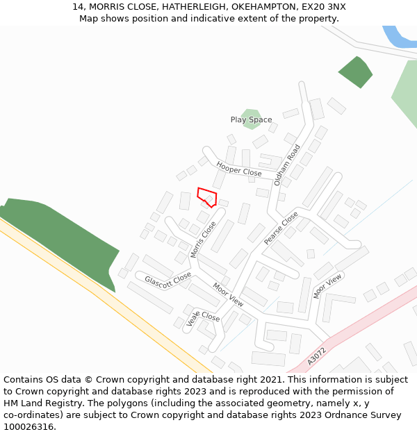 14, MORRIS CLOSE, HATHERLEIGH, OKEHAMPTON, EX20 3NX: Location map and indicative extent of plot