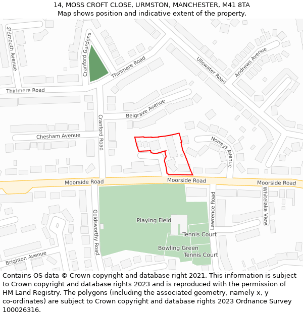 14, MOSS CROFT CLOSE, URMSTON, MANCHESTER, M41 8TA: Location map and indicative extent of plot