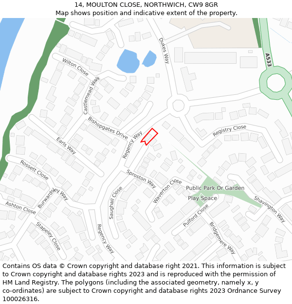 14, MOULTON CLOSE, NORTHWICH, CW9 8GR: Location map and indicative extent of plot