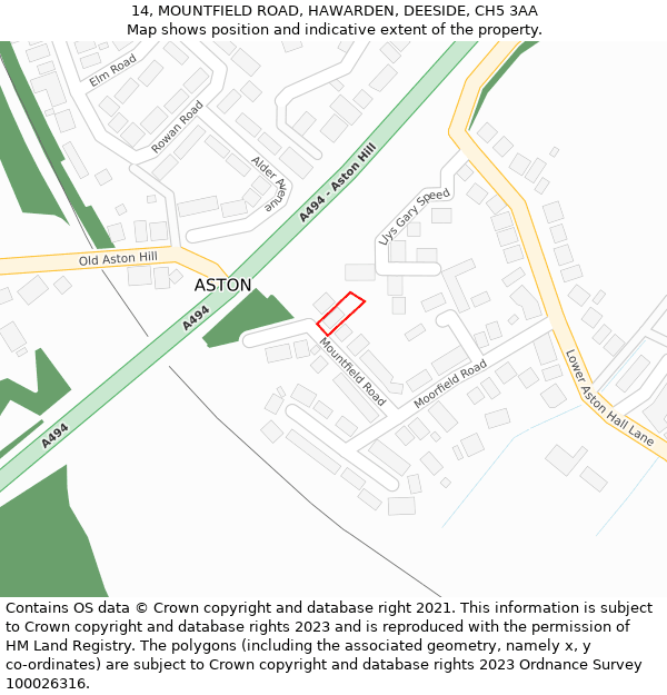 14, MOUNTFIELD ROAD, HAWARDEN, DEESIDE, CH5 3AA: Location map and indicative extent of plot