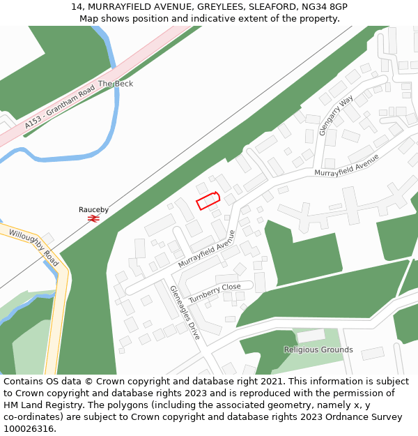 14, MURRAYFIELD AVENUE, GREYLEES, SLEAFORD, NG34 8GP: Location map and indicative extent of plot