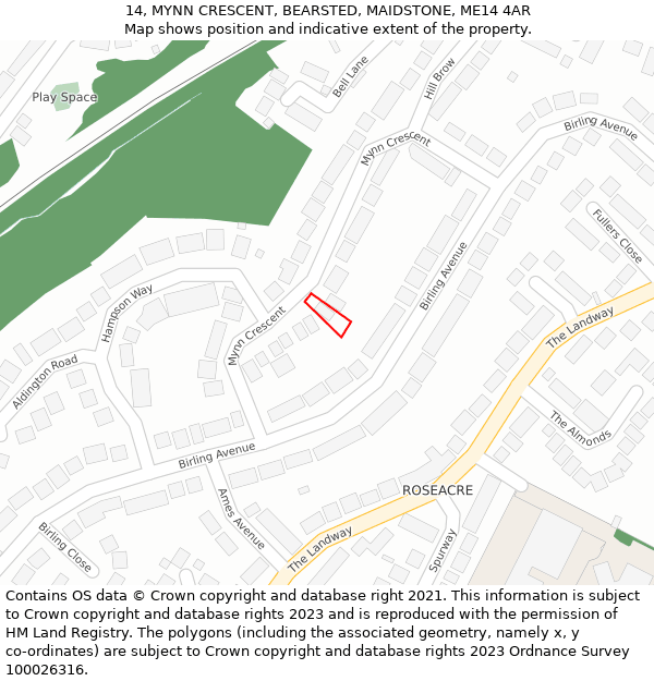 14, MYNN CRESCENT, BEARSTED, MAIDSTONE, ME14 4AR: Location map and indicative extent of plot