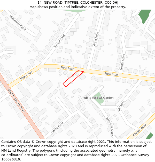 14, NEW ROAD, TIPTREE, COLCHESTER, CO5 0HJ: Location map and indicative extent of plot