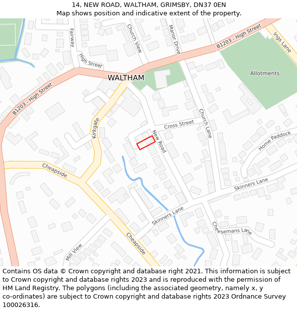 14, NEW ROAD, WALTHAM, GRIMSBY, DN37 0EN: Location map and indicative extent of plot