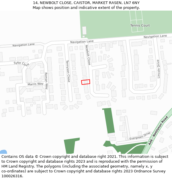 14, NEWBOLT CLOSE, CAISTOR, MARKET RASEN, LN7 6NY: Location map and indicative extent of plot