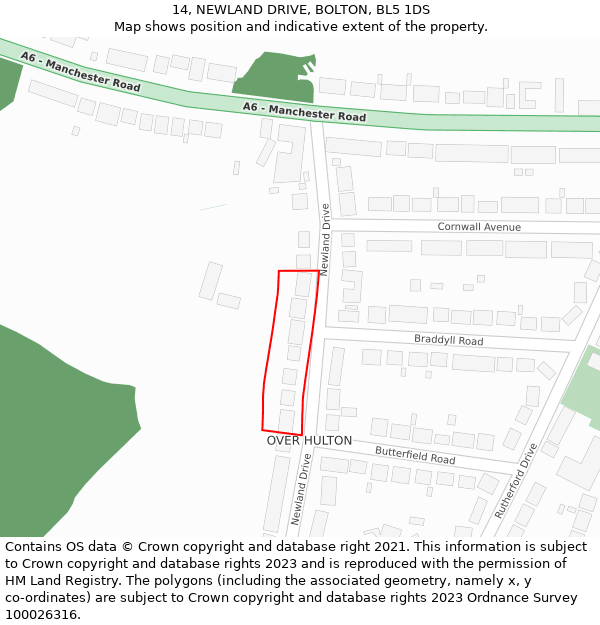 14, NEWLAND DRIVE, BOLTON, BL5 1DS: Location map and indicative extent of plot
