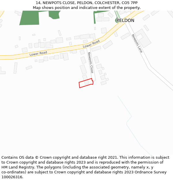 14, NEWPOTS CLOSE, PELDON, COLCHESTER, CO5 7PP: Location map and indicative extent of plot