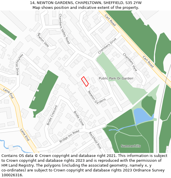 14, NEWTON GARDENS, CHAPELTOWN, SHEFFIELD, S35 2YW: Location map and indicative extent of plot