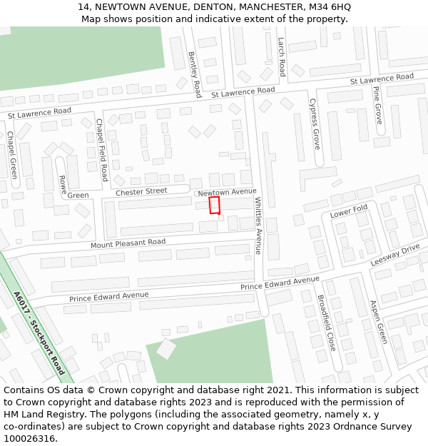 14, NEWTOWN AVENUE, DENTON, MANCHESTER, M34 6HQ: Location map and indicative extent of plot