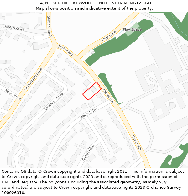 14, NICKER HILL, KEYWORTH, NOTTINGHAM, NG12 5GD: Location map and indicative extent of plot