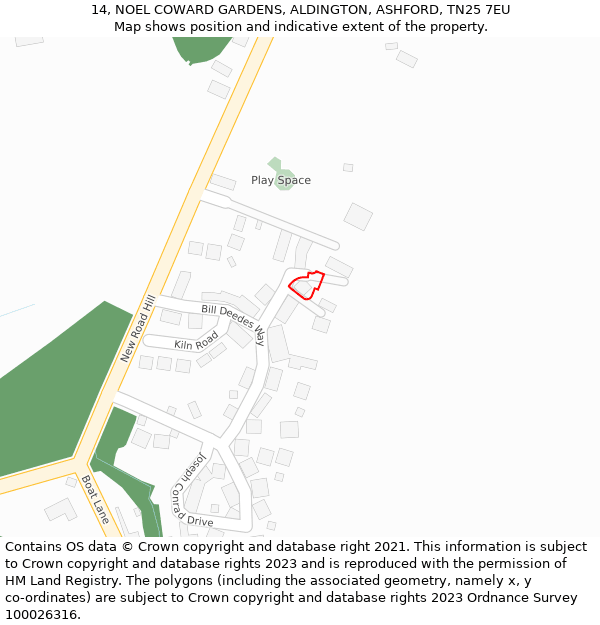 14, NOEL COWARD GARDENS, ALDINGTON, ASHFORD, TN25 7EU: Location map and indicative extent of plot