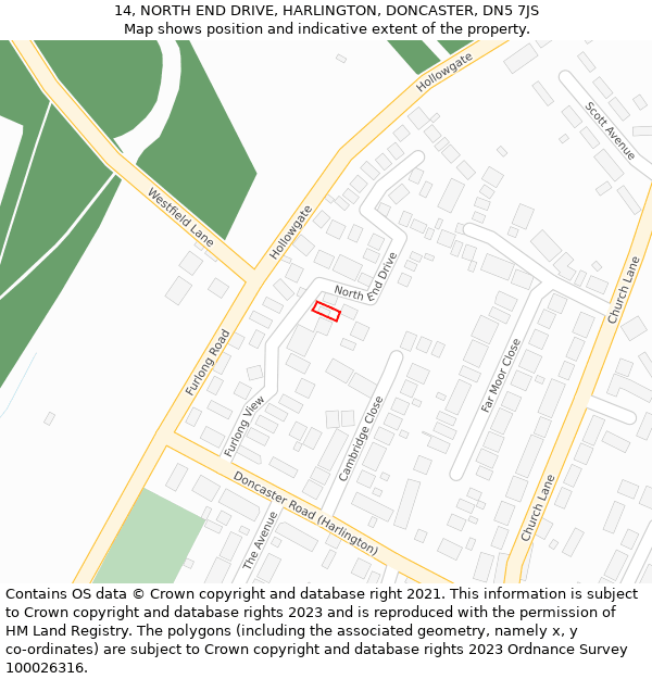 14, NORTH END DRIVE, HARLINGTON, DONCASTER, DN5 7JS: Location map and indicative extent of plot