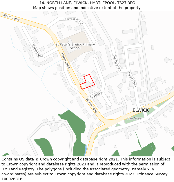 14, NORTH LANE, ELWICK, HARTLEPOOL, TS27 3EG: Location map and indicative extent of plot