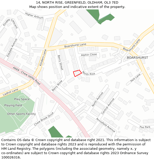 14, NORTH RISE, GREENFIELD, OLDHAM, OL3 7ED: Location map and indicative extent of plot