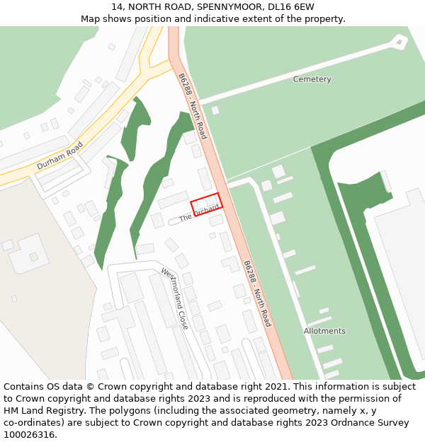 14, NORTH ROAD, SPENNYMOOR, DL16 6EW: Location map and indicative extent of plot