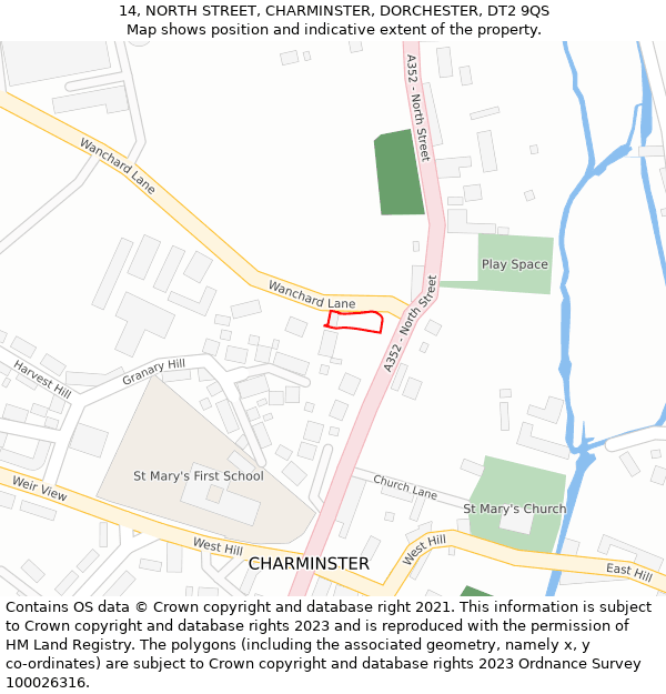 14, NORTH STREET, CHARMINSTER, DORCHESTER, DT2 9QS: Location map and indicative extent of plot