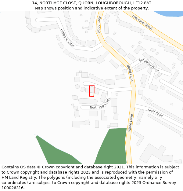 14, NORTHAGE CLOSE, QUORN, LOUGHBOROUGH, LE12 8AT: Location map and indicative extent of plot