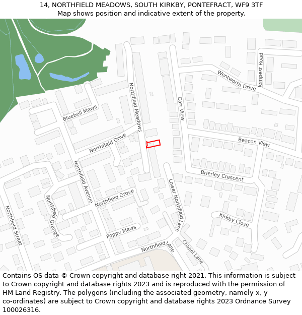 14, NORTHFIELD MEADOWS, SOUTH KIRKBY, PONTEFRACT, WF9 3TF: Location map and indicative extent of plot