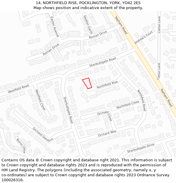 14, NORTHFIELD RISE, POCKLINGTON, YORK, YO42 2ES: Location map and indicative extent of plot