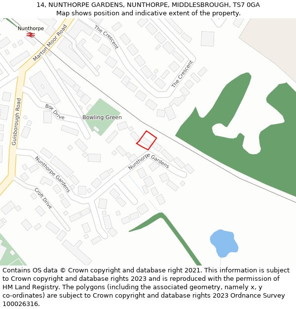 14, NUNTHORPE GARDENS, NUNTHORPE, MIDDLESBROUGH, TS7 0GA: Location map and indicative extent of plot