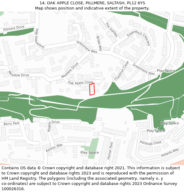 14, OAK APPLE CLOSE, PILLMERE, SALTASH, PL12 6YS: Location map and indicative extent of plot