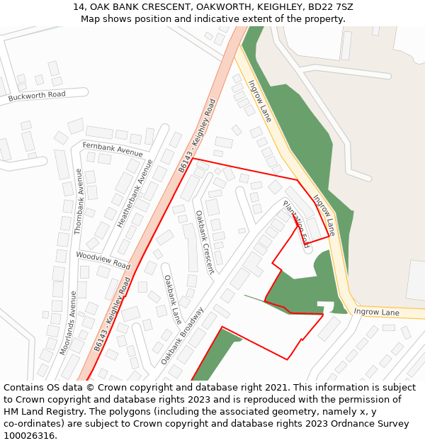 14, OAK BANK CRESCENT, OAKWORTH, KEIGHLEY, BD22 7SZ: Location map and indicative extent of plot