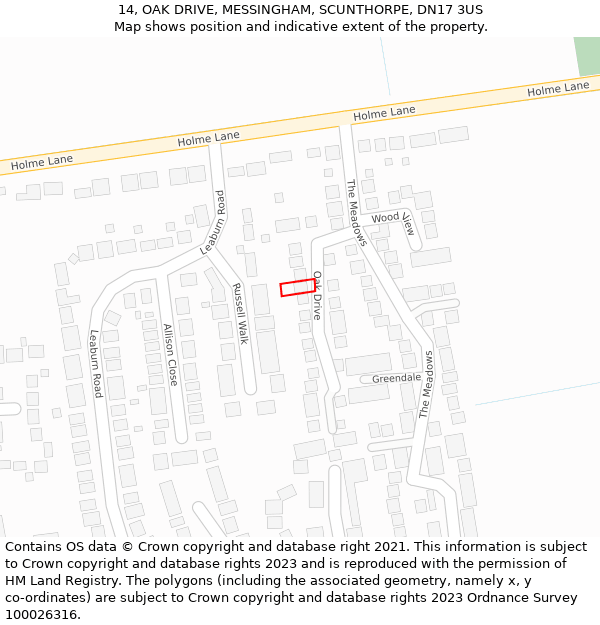 14, OAK DRIVE, MESSINGHAM, SCUNTHORPE, DN17 3US: Location map and indicative extent of plot