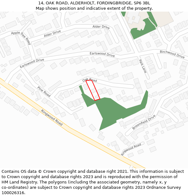 14, OAK ROAD, ALDERHOLT, FORDINGBRIDGE, SP6 3BL: Location map and indicative extent of plot