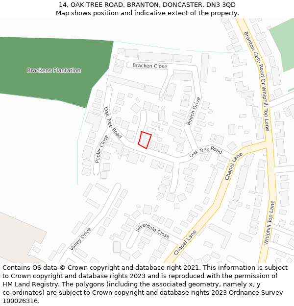 14, OAK TREE ROAD, BRANTON, DONCASTER, DN3 3QD: Location map and indicative extent of plot