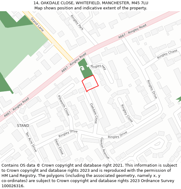 14, OAKDALE CLOSE, WHITEFIELD, MANCHESTER, M45 7LU: Location map and indicative extent of plot