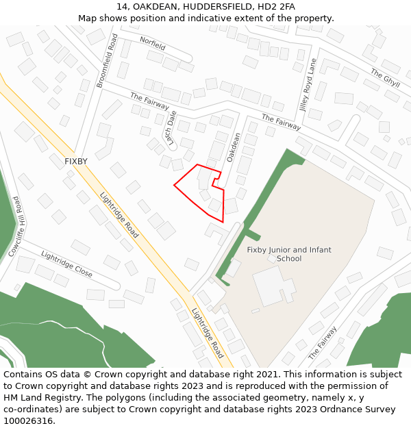 14, OAKDEAN, HUDDERSFIELD, HD2 2FA: Location map and indicative extent of plot