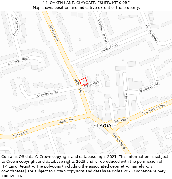 14, OAKEN LANE, CLAYGATE, ESHER, KT10 0RE: Location map and indicative extent of plot