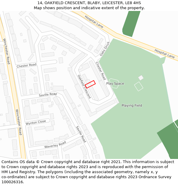 14, OAKFIELD CRESCENT, BLABY, LEICESTER, LE8 4HS: Location map and indicative extent of plot