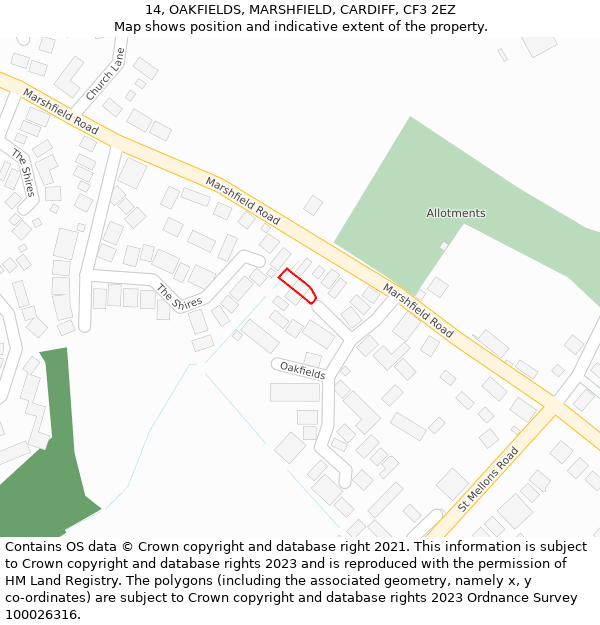 14, OAKFIELDS, MARSHFIELD, CARDIFF, CF3 2EZ: Location map and indicative extent of plot