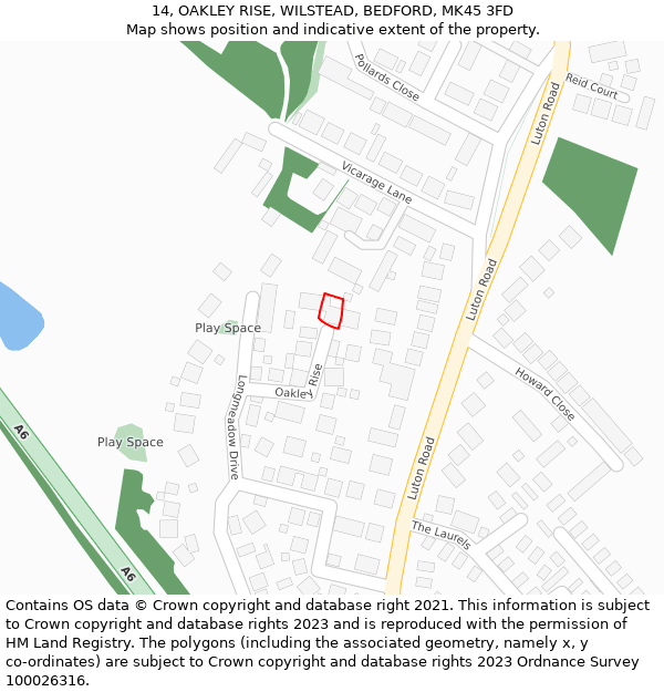 14, OAKLEY RISE, WILSTEAD, BEDFORD, MK45 3FD: Location map and indicative extent of plot