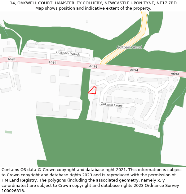 14, OAKWELL COURT, HAMSTERLEY COLLIERY, NEWCASTLE UPON TYNE, NE17 7BD: Location map and indicative extent of plot