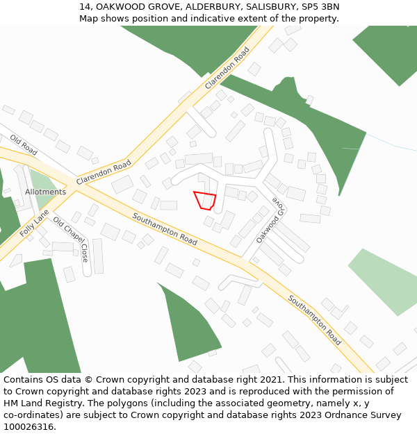14, OAKWOOD GROVE, ALDERBURY, SALISBURY, SP5 3BN: Location map and indicative extent of plot