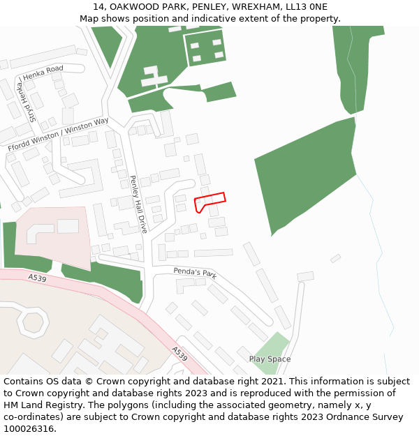 14, OAKWOOD PARK, PENLEY, WREXHAM, LL13 0NE: Location map and indicative extent of plot